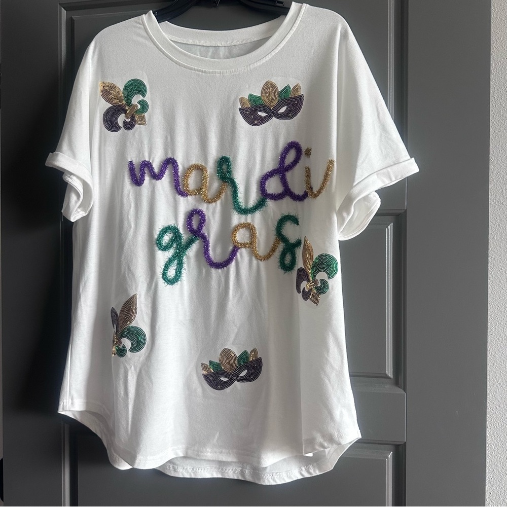 Womens Mardi Gras T-Shirt - White with Colorful Accents